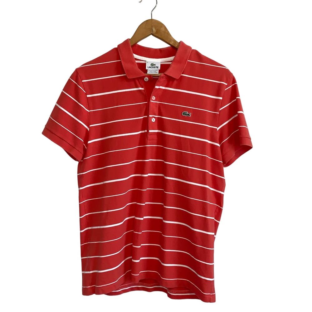 Lacoste Coral Red and White Striped Polo Shirt